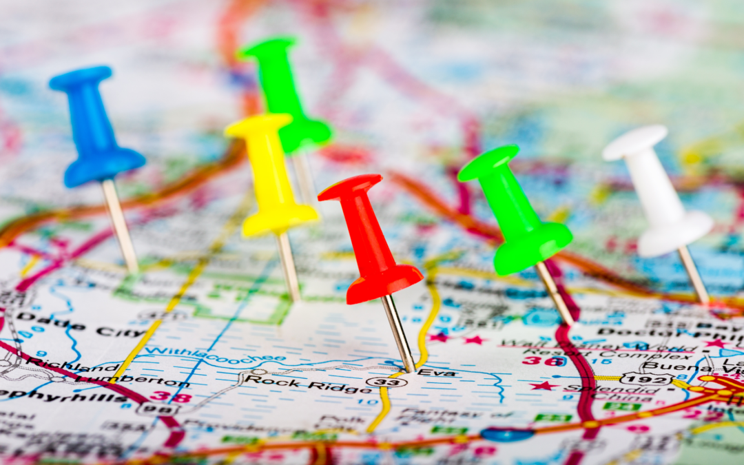 A close-up city map shows numerous colorful push pins in a small area, representing an oversaturated market for child care.